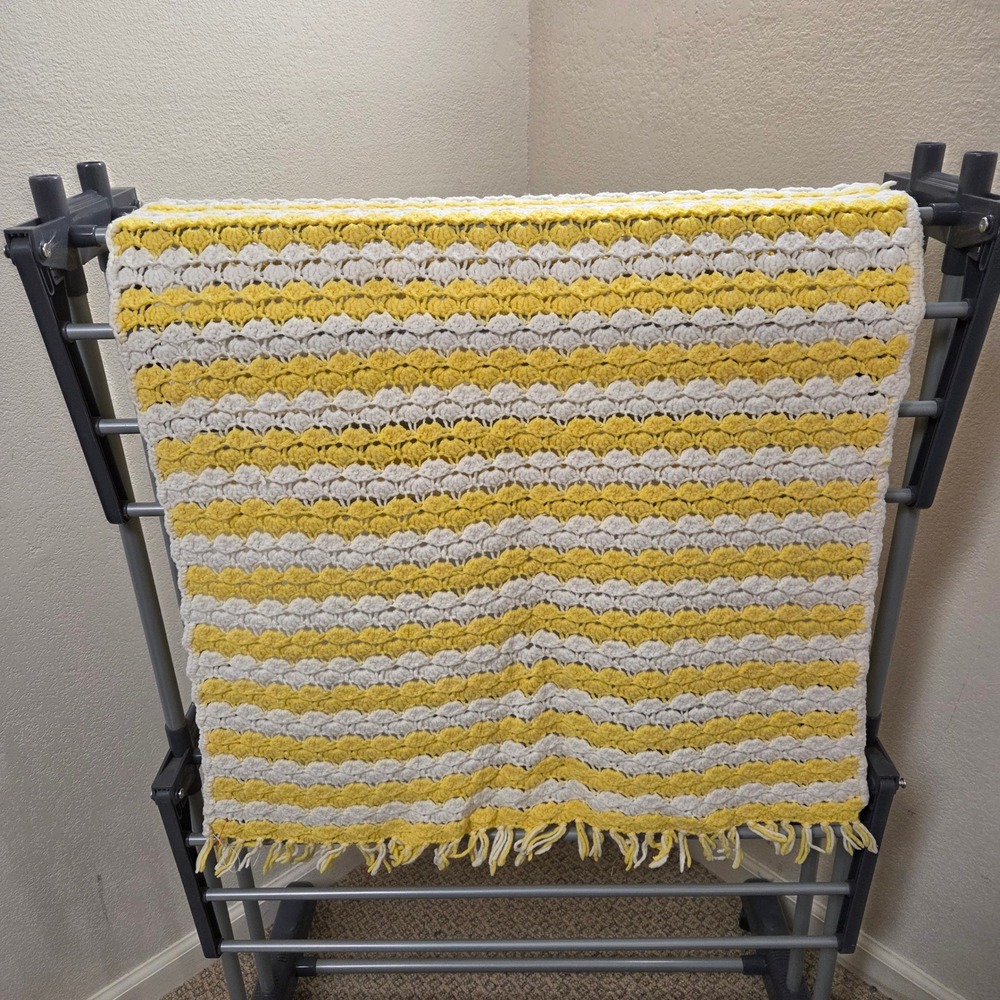 Handmade Crochet Shell Stitch Blanket Yellow White Striped Fringed 28x48 Retro